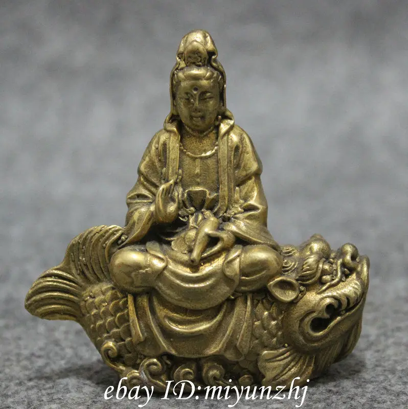 Китайский латунный горшок Kwan yin GuanYin Будда Бодхисаттва Статуэтка рыбы голова