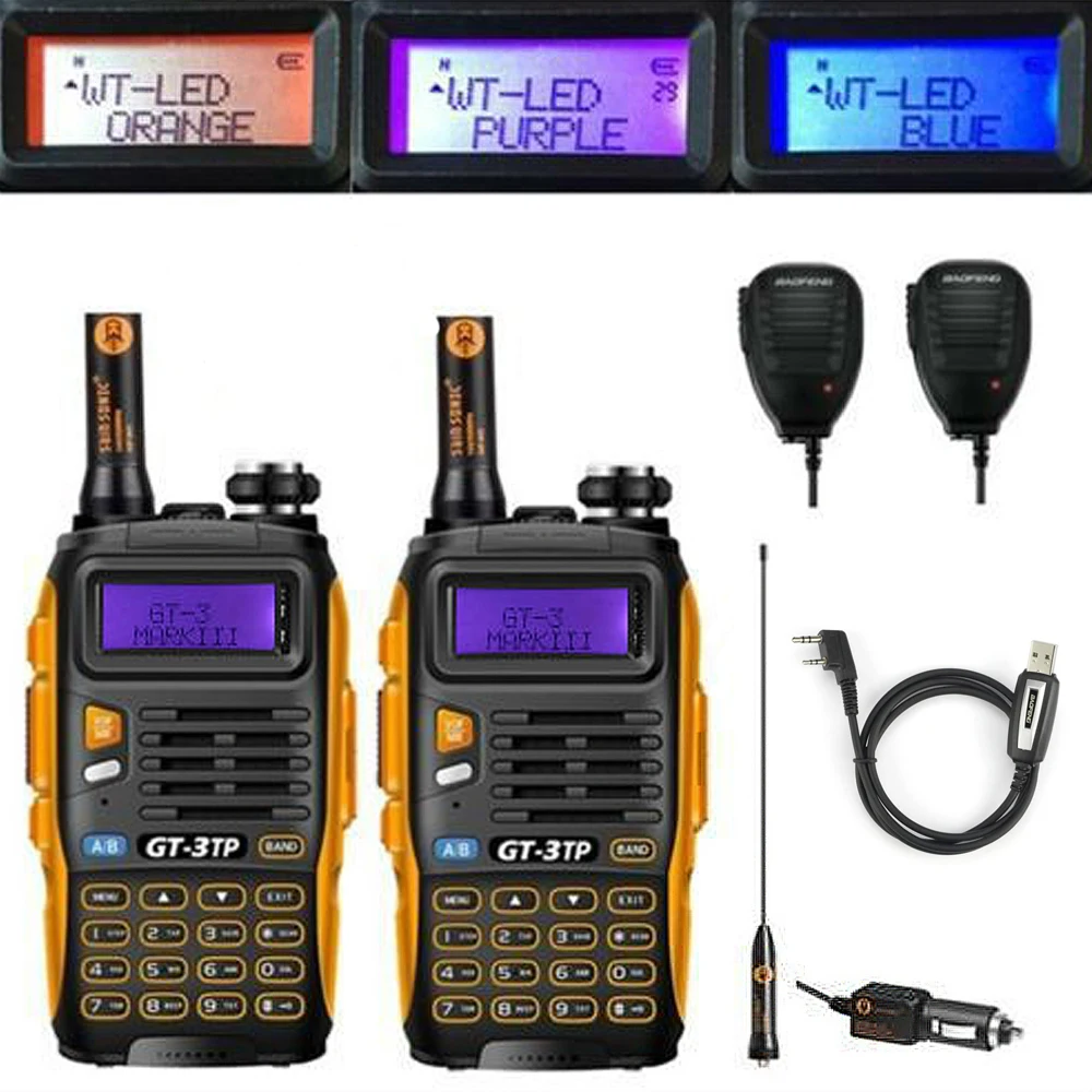 2pcs Baofeng GT-3TP MarkIII VHF/UHF Dual Band FM Ham Walkie Talkie Two-way Radio Transceiver with Speaker Programming Cable