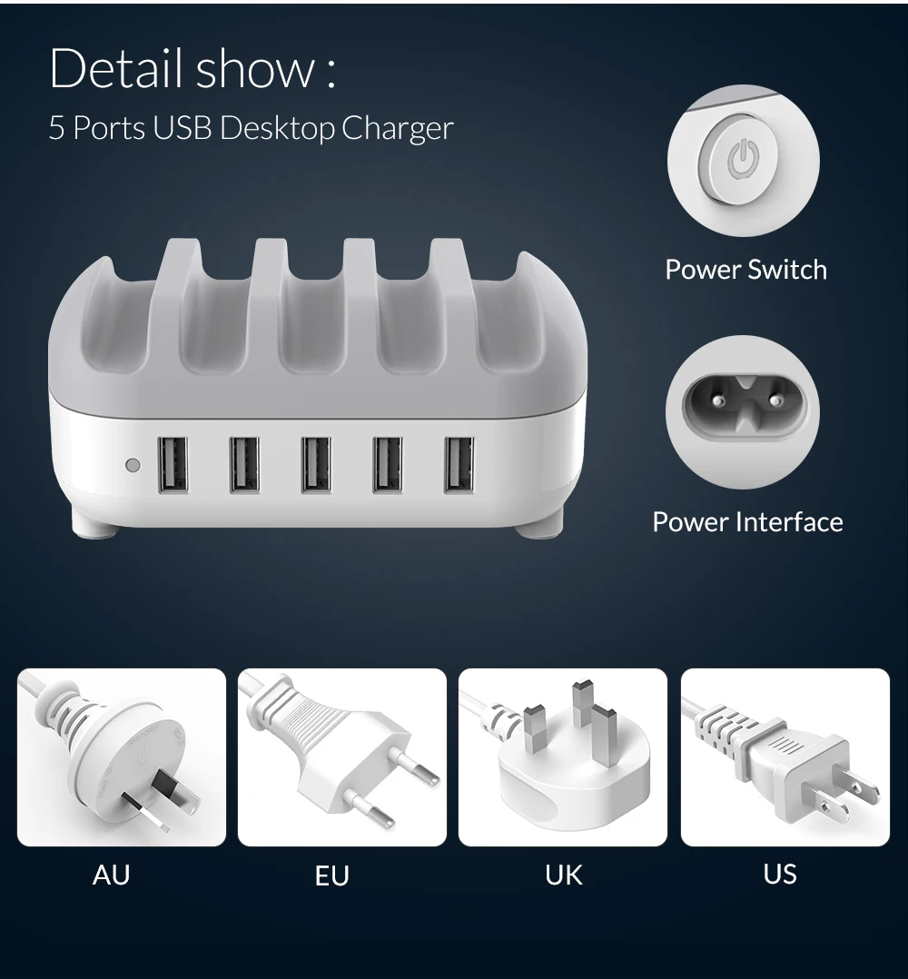 ORICO USB зарядное устройство 5 портов 5 в 2,4 А 40 Вт зарядная станция Настольный смартфон планшет зарядное устройство с подставкой для iphone 7 plus зарядное устройство