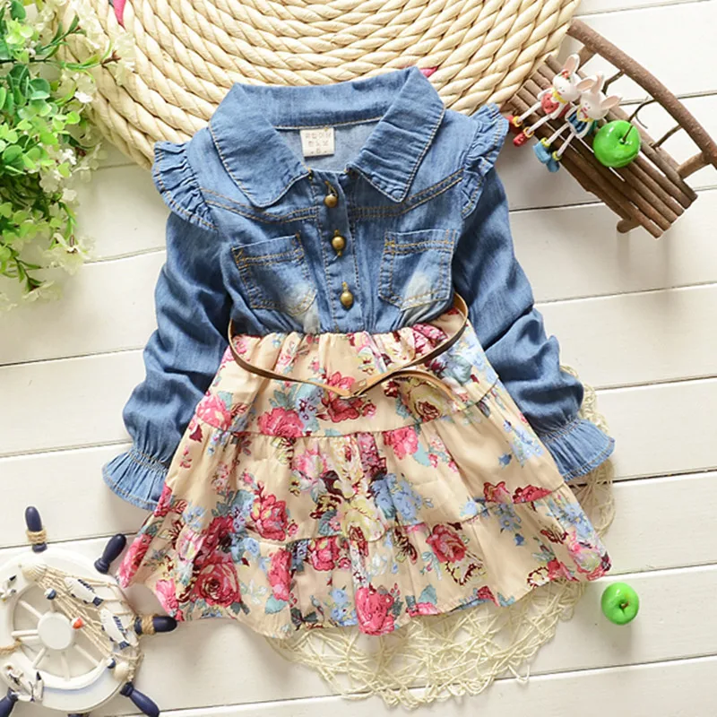 

New spring 2016 Girls cotton cowboy dress babi Girls autumn dress kids girls dress 2 colors
