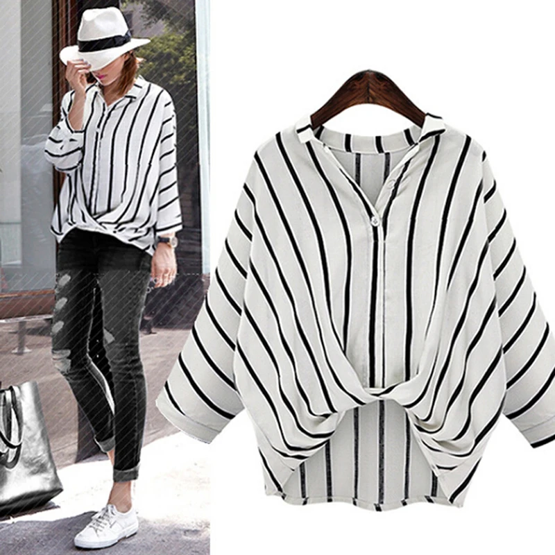 

Women Shirts Black White V Neck Blouse Casual Bat Sleeve Striped Women Tops Plus Size High Low Blouses