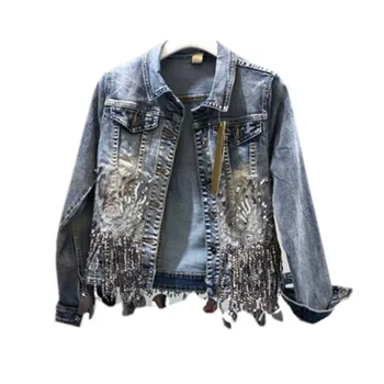 

Female Spring Autumn Fashion Embroidered Denim Jacket Women's Beaded Shiny Denim Jacket New Slim Blue Denim Female Jacket