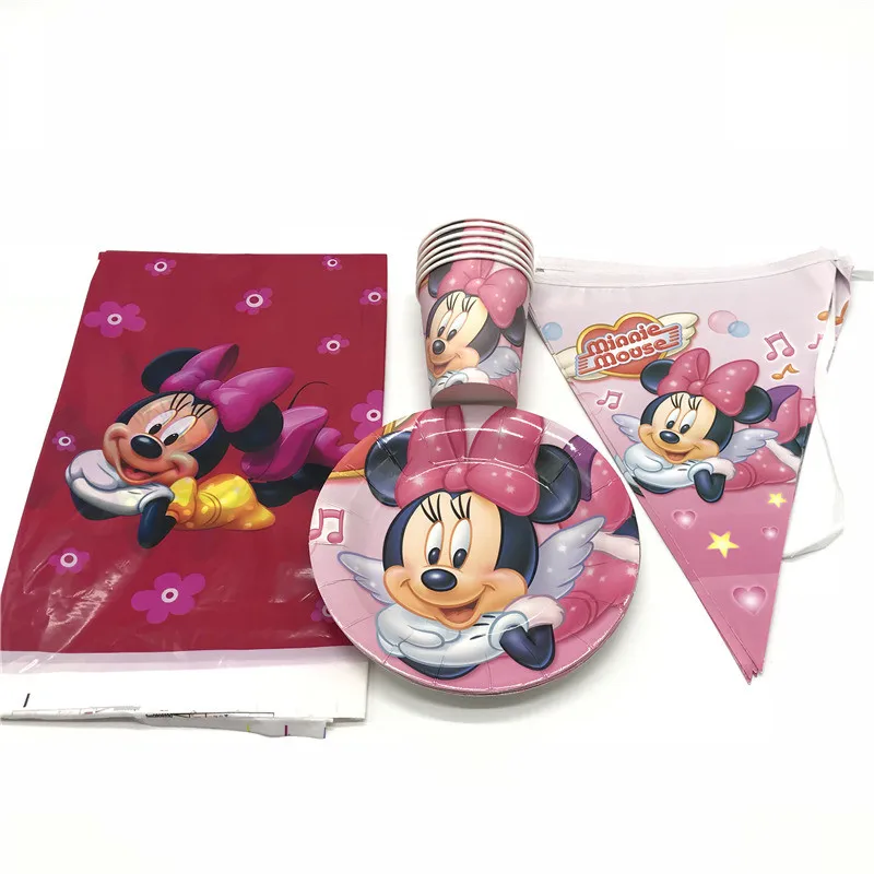 

New Sale Disney Minnie Mouse Theme 25pcs/lot Kid Girl Birthday Minnie Cup Plate Banner Gender Reveal Paper Tablecloth Decoration