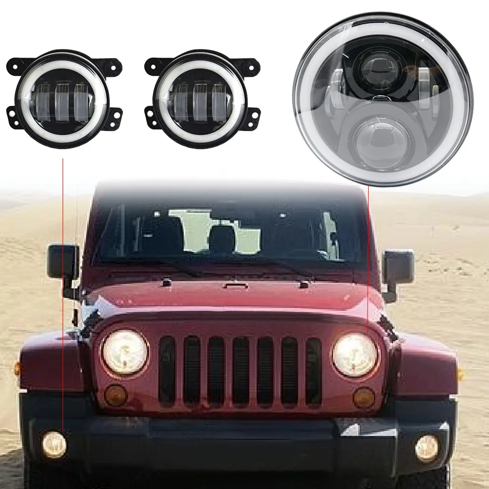 

7 Inch Projector Led Headlights With DRL Hi/lo Beam + 2pcs 4" Inch Led Fog Lamps White Halo Ring DRL For Jeep Wrangler JK