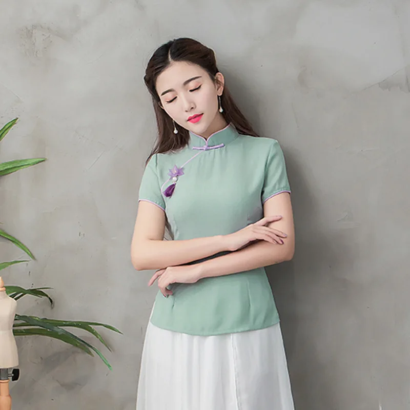 Light Temperamento rosado Tang Madre Tradicional Camisa Novia M Elegante Tamaño Mandarín verde Manga Chino xxl Blusa Blue Top Collar Verano Corta P Uzw1dqU