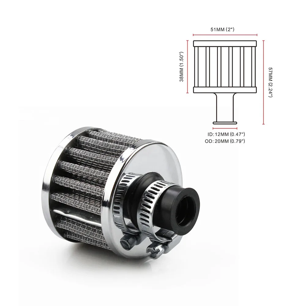 Универсальный интерфейс, мотоциклетные воздушные фильтры, 12 мм, серебристый автомобильный конус, фильтр для холодного воздуха, турбо вентиляционный Картер, сапун, RS-OFI003