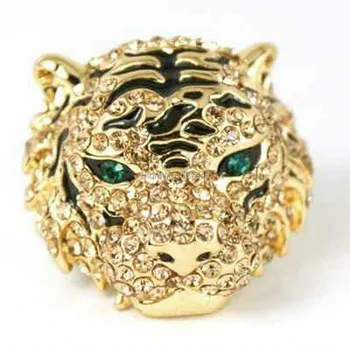 

Wholesale FREE SHIPP >yellow Crystals Tiger Head white gold GP Women's Ring szie:6#~9#