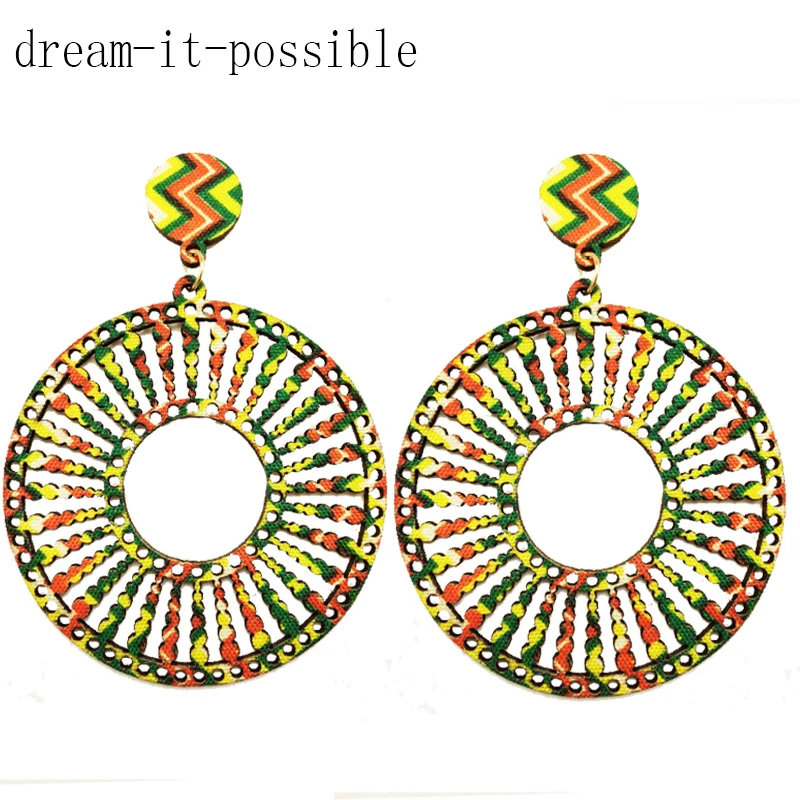 

Dream-it-possible pair big statement round print flower fancy ethnic bohe bohemia african wooden earrings handmade For Women