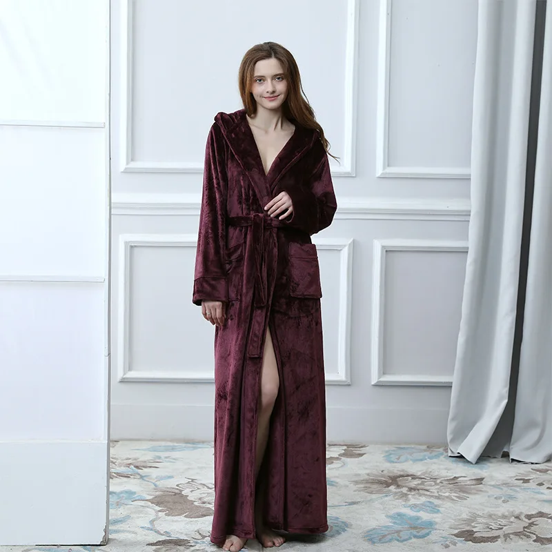 Women Winter Smooth Bathrobe Soft Warm Flannel Hotel Robe Ankle Length
