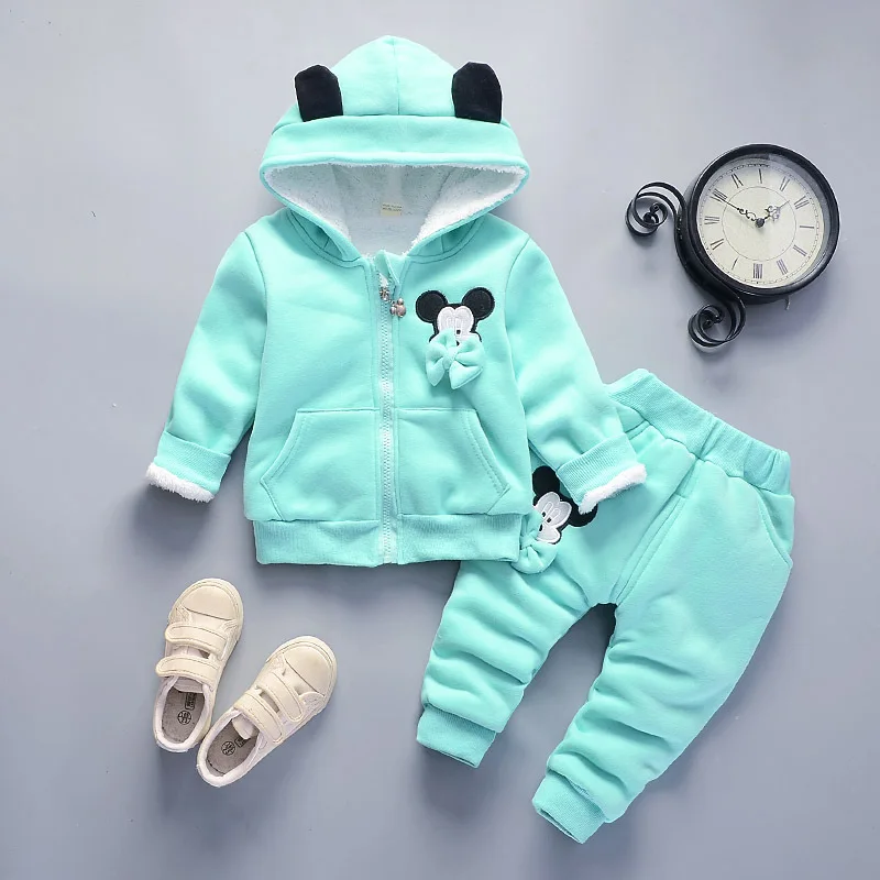 Комплекты одежды с Минни для маленьких девочек зимний утепленный хлопковый костюм для девочек, теплая верхняя одежда с длинными рукавами+ штаны комплект для малышей 1-4 лет - Color: sky blue