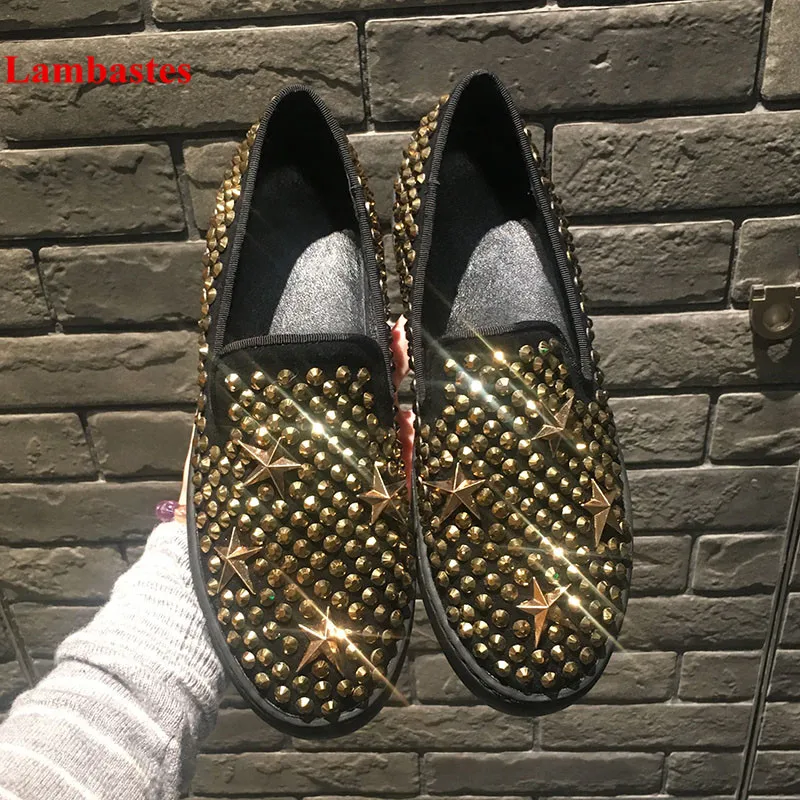 

Gold Rivet Embellished Star Metal Decoration Round Toe Loafers Men Slip On Lazy Shoes Fashion Spring Autumn Casual Shoes Hommes