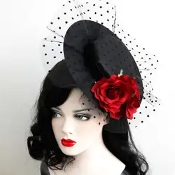 Винтажные женские вина красная роза цветочные шляпы шпилька сетки Ретро выпускной вечер вечерние элегантные женские волос зажим