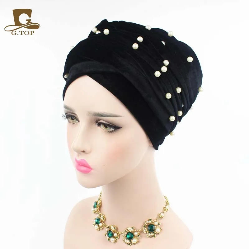 Новая роскошная женская бархатная головная повязка в виде чалмы, украшенная бусинами, с жемчужинами, удлиненная бархатная тюрбан хиджаб платок на голову - Цвет: Black white