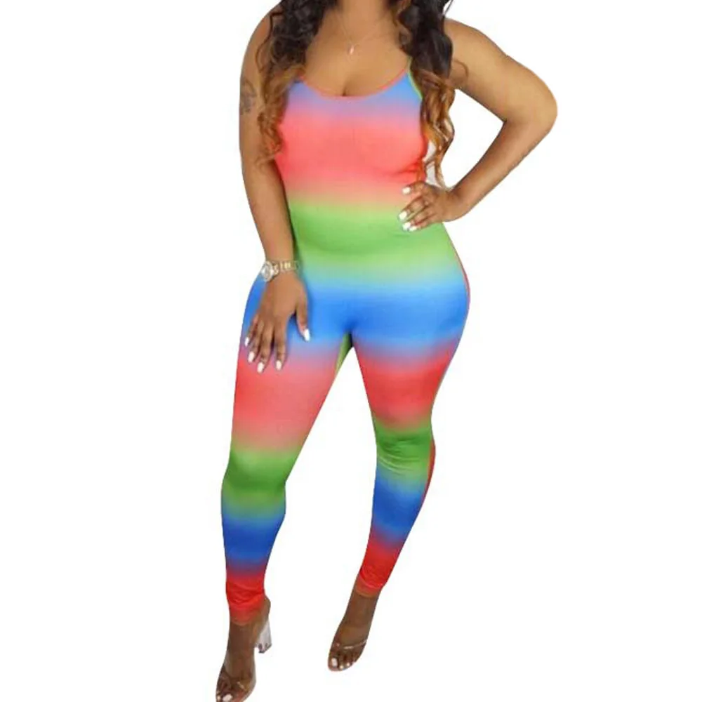 

Womens Sexy Spaghetti Strap Summer Sleeveless Rainbow Striped Bodycon Casual Jumpsuit O Neck Backless Female Party Ovearlls