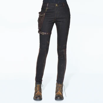 

Gothic Black Fashion Pocket Decorative Pants Female Steampunk Casual Cotton Button Tights Black Brown Stitching Pants
