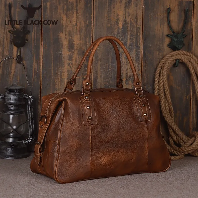 

Famous Brand Woman Travel Bags Handmade Retro 100% Real Leather Tote Bags Unisex High Capacity Luxury Ladies Luggage Handbags