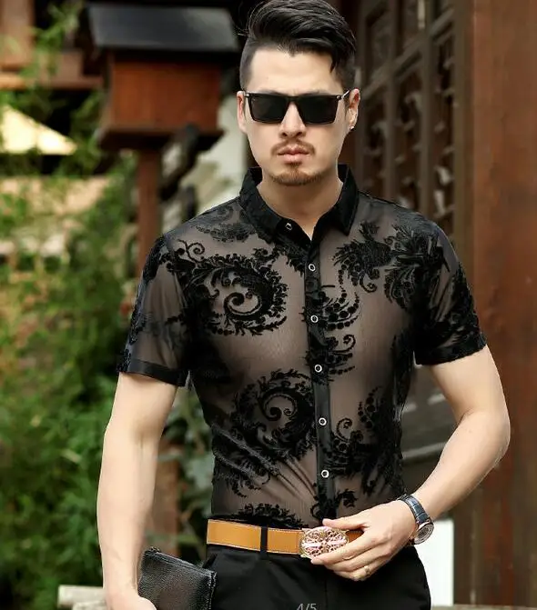 JOOBOX цветок See Through короткий рукав лето Сексуальная Пром прозрачная рубашка Camisa Masculina Chemise Homme Размер 3XL рубашка платье рубашка - Цвет: 2