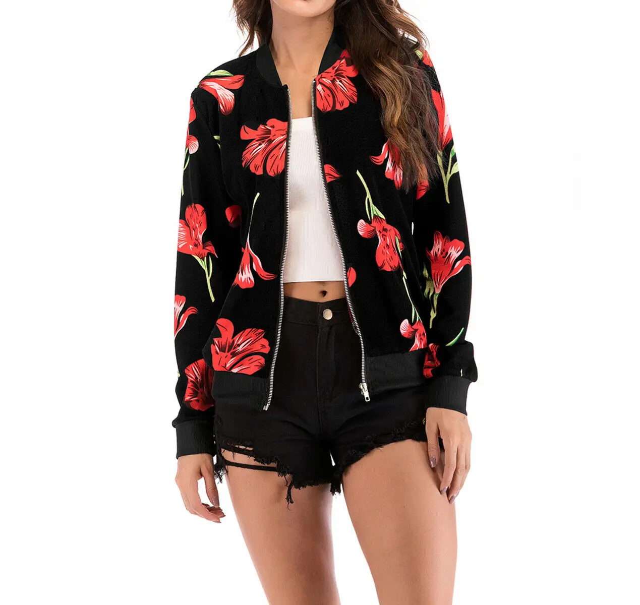 

Fashion Women's Long Sleeve Retro Floral Zipper Bomber Jacket Baseball Slim Casual Autumn Coat Outwear