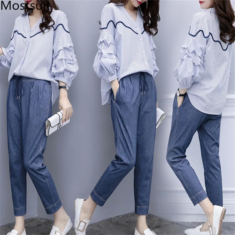 

2019 Plus Size Blue Women Two Piece Sets Outfits Striped Shirts And Pants Suits Korean Casual Elelgant Fashion 2 Piece Sets