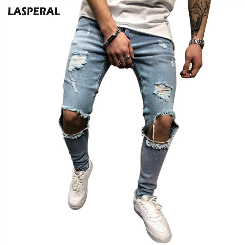 LASPERAL Mens Knee Holes Distressed Denim Joggers Plus Sieze 4XL Ripped Jeans Men Pants 2018