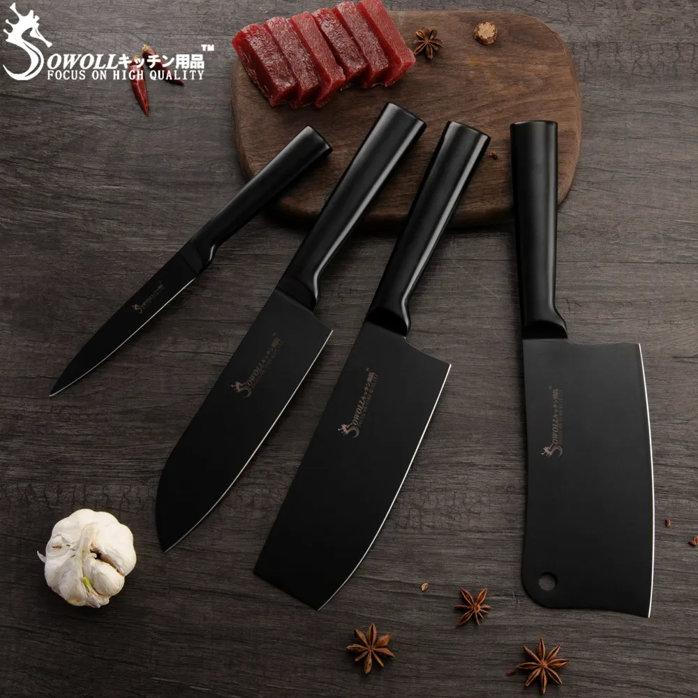 SOWOLL разделочный нож Santoku Nakiri, набор кухонных ножей из нержавеющей стали 3Cr13 с черным лезвием, кухонные принадлежности