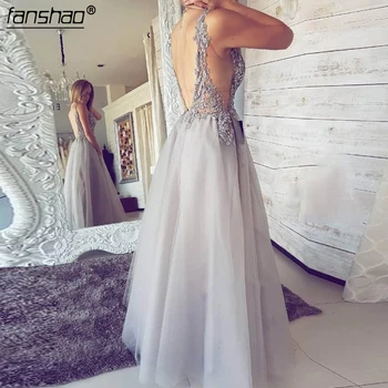 

Silver Elegant Prom Dresses A-line Deep V-neck Tulle Beaded Lace Slit Party Maxys Long Prom Gown Evening Dresses Robe De Soiree
