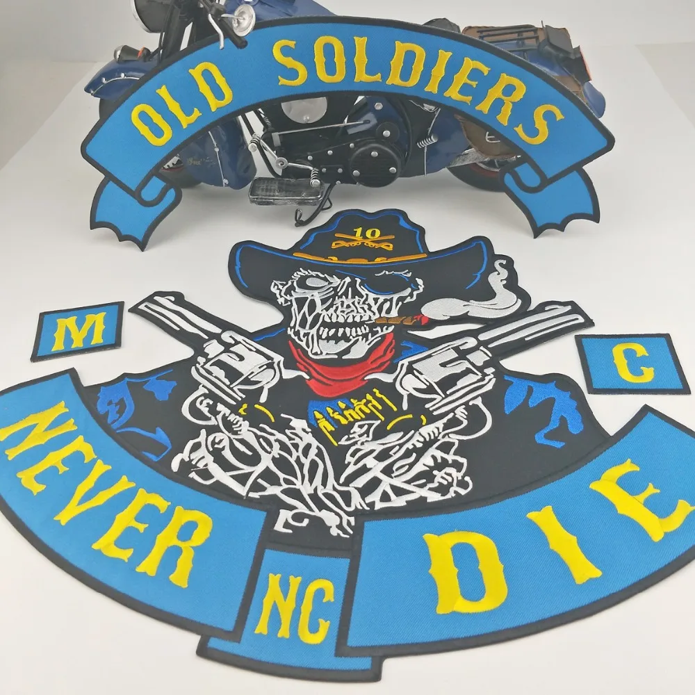 Old Soldiers Never Die MC Vest Biker Embroidered Iron On Back of Jacket Patch Blue twill fabric Free Shipping DIY Eco-Friendly(4)