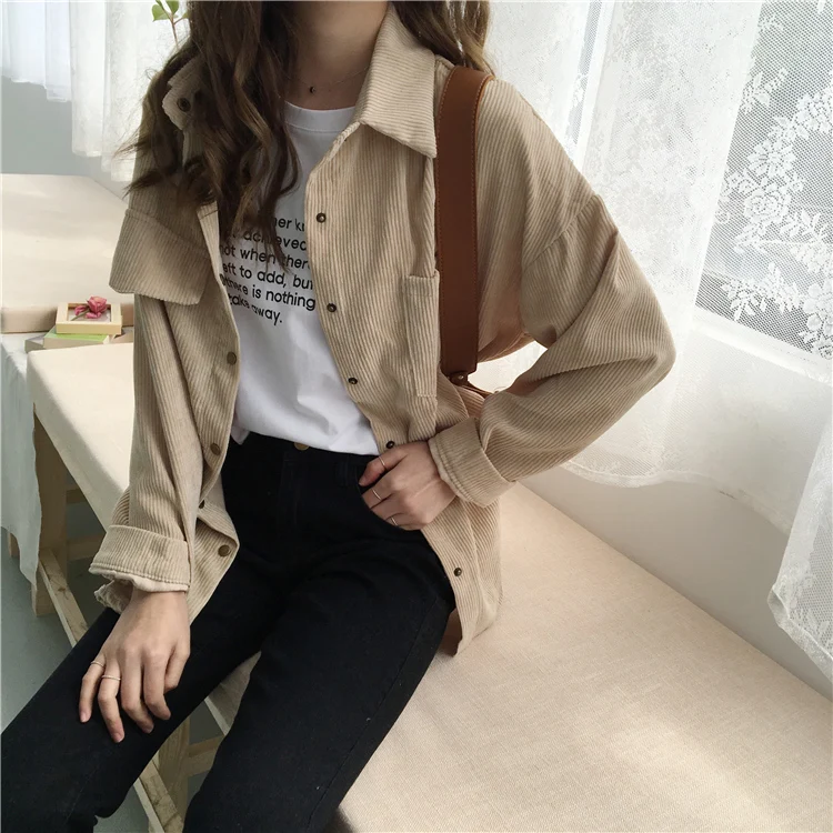 2 colors spring and autumn Loose Shirts Korean Solid Blouse Long Sleeve Corduroy blouses Women Tops outwear coats C6016