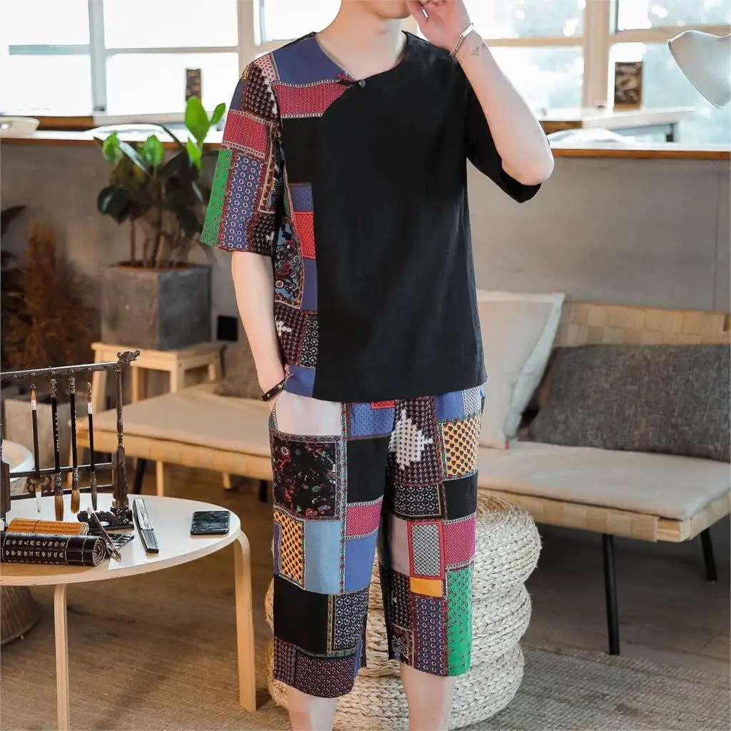 

Loldeal Fashion Tracksuit Mens Summer Chinese style cotton and linen set stitching short sleeve + beach pants two piece suit