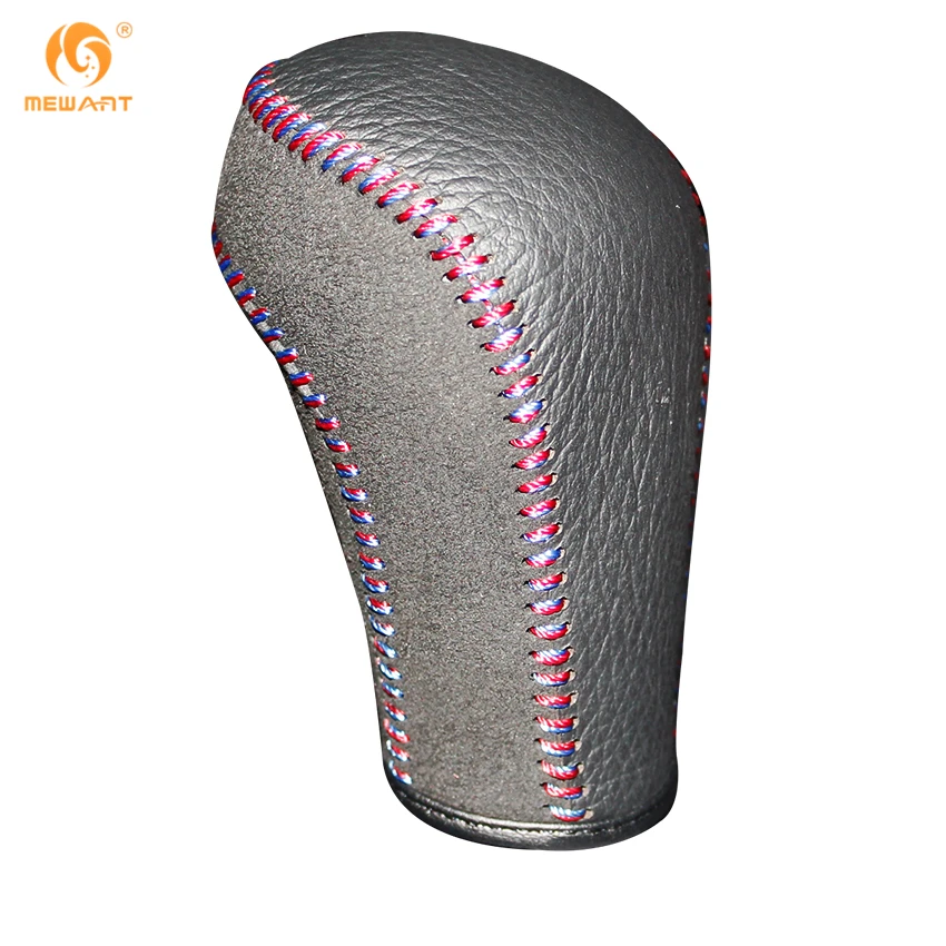 MEWANT Black Genuine Leather Black Suede Car Gear Shift Knob Cover for