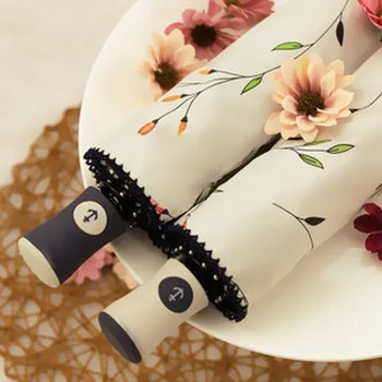 

8 Ribs Automatic Mini Folding Umbrella Rain Women Creative Black Coating Begonia Flowers Sun Parasol Umbrella Beige Female 60U81