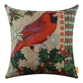 

LINKWELL 45X45cm 1PC Sofa Home Merry Christmas Red Bird Snowflake Green Leaf Throw Pillow Case Decorative Burlap Cushion Cover