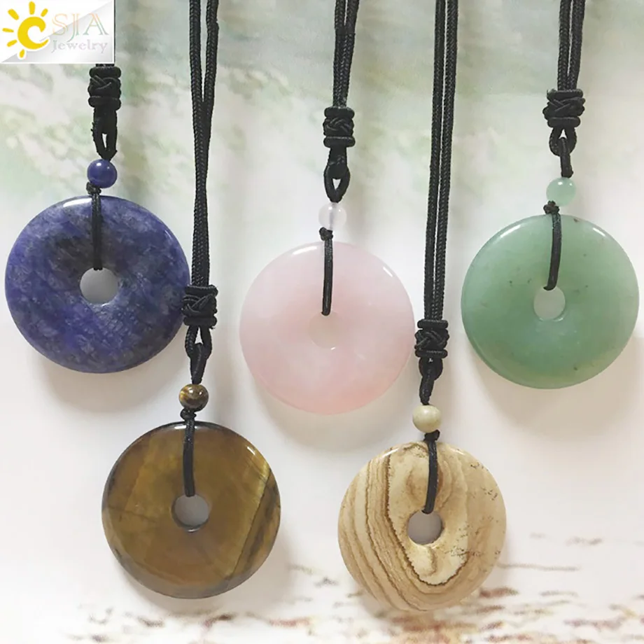

CSJA Natural Stone Donut Pendant Necklace 40mm Round Circle Healing Pink Quartz Tiger Eye Bead for Women Men Necklaces Gift G138