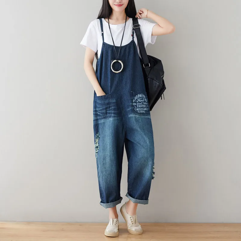 

Johnature New Ripped Jeans For Women 2019 Autumn Casual Comfortable Plus Size Simple All-match Suspenders Wide Leg Jumpsuit