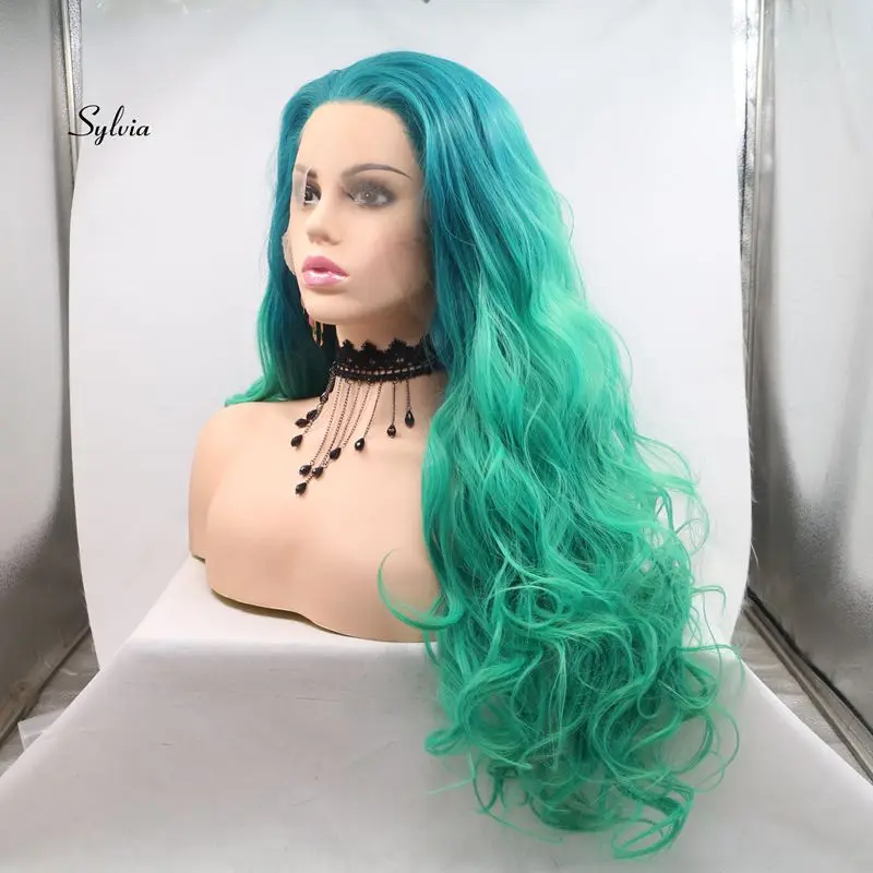 Sylvia Ombre зеленые Кудрявые Волнистые волосы парики Смешанные зеленые синтетические парики на кружеве термостойкие волокна для женщин мягкие волосы парик