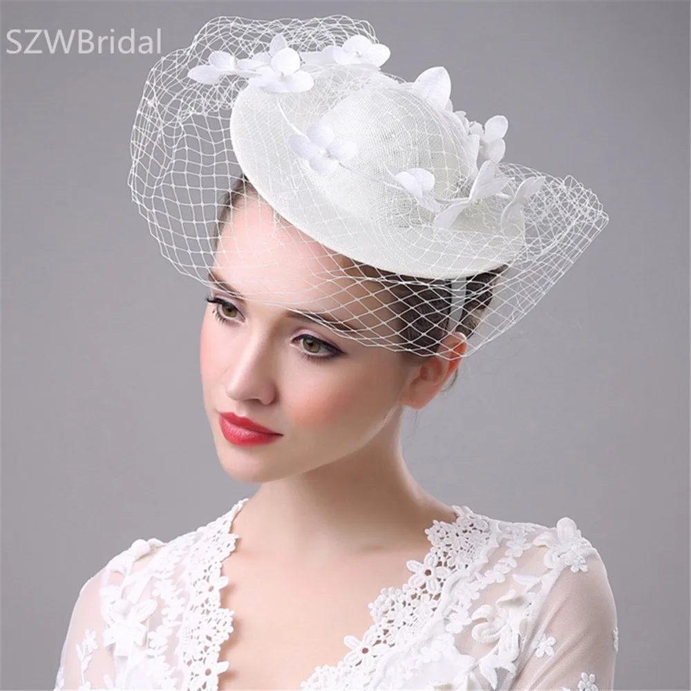 New Arrival Linen Lace Hats Handmade Mesh Hat Bridal Flower Feathers