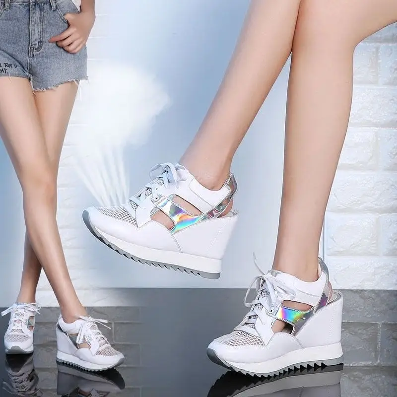 

Womens Creeper Platform High Wedge Heels Lace Up Sandals Slingback Mesh Bling Breathable Summer White Shoes A240