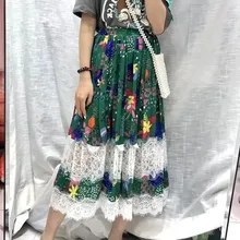 Лето Уличная с высокой талией с принтом узор белый кружевной Империя эластичной Для женщин Праздник расширение плиссированные юбка средней длины