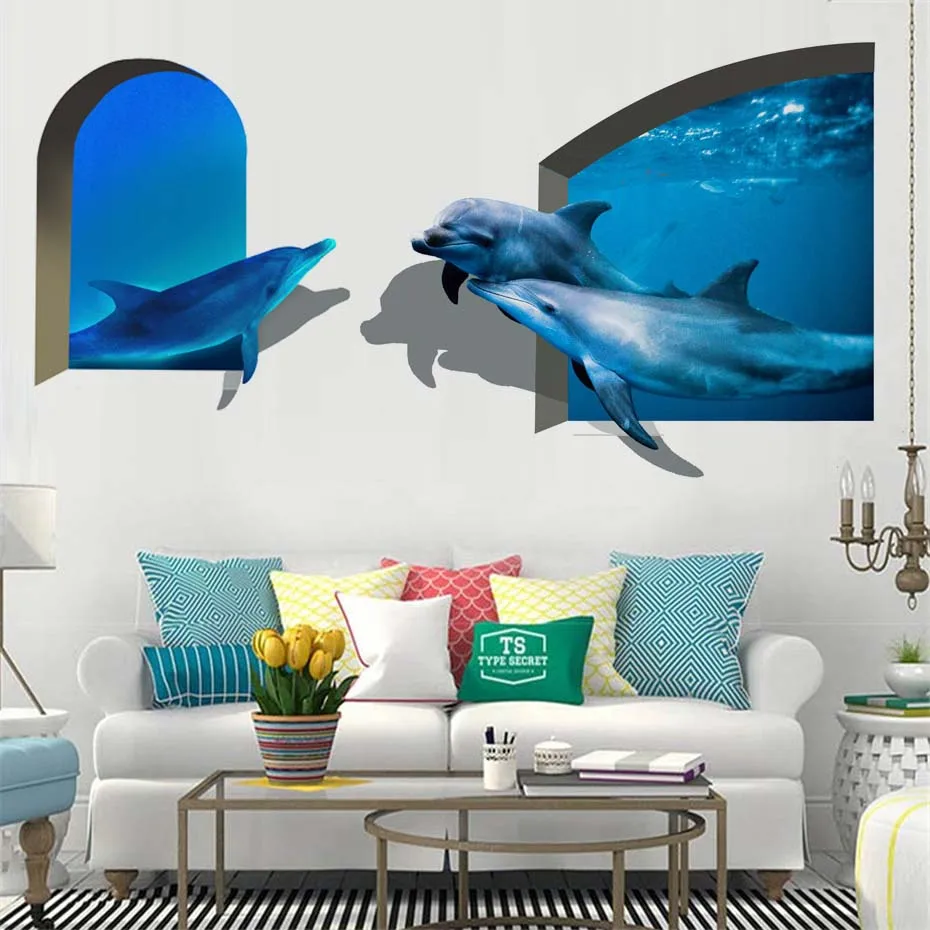 Dolphin Swimmining Подводные красивые настенные наклейки Яркие 3D на стену с животными