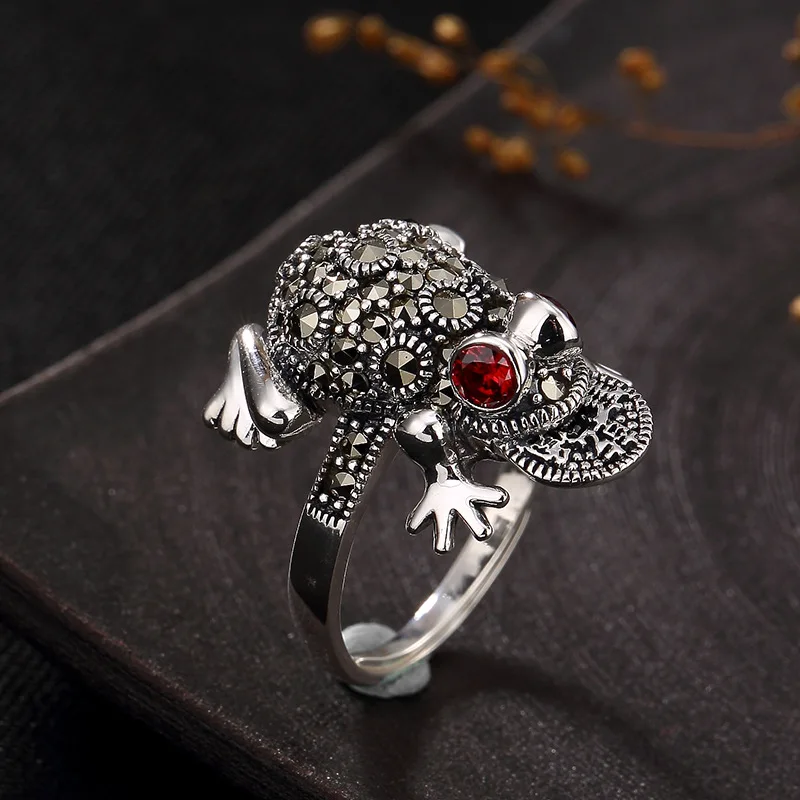 silver S925 Sterling Silver Marcasite sterling silver ring inlaid female toad opening retro silver ring