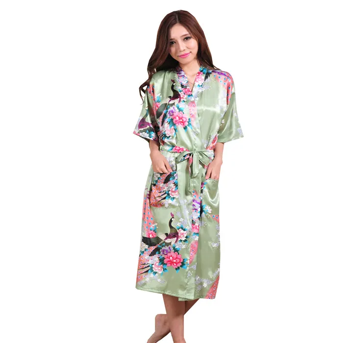 Модные золотые Для женщин Silk район Ночное Sexy кимоно Robe платье цветок Pijama feminino oversize размеры S M L XL XXL, XXXL s001-i - Цвет: Light Green