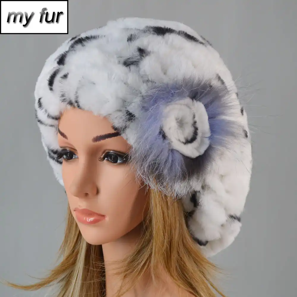 Women Winter Fur Hats Real Rex Rabbit Kniting Cap Princess Warm Snow Fluffy Soft