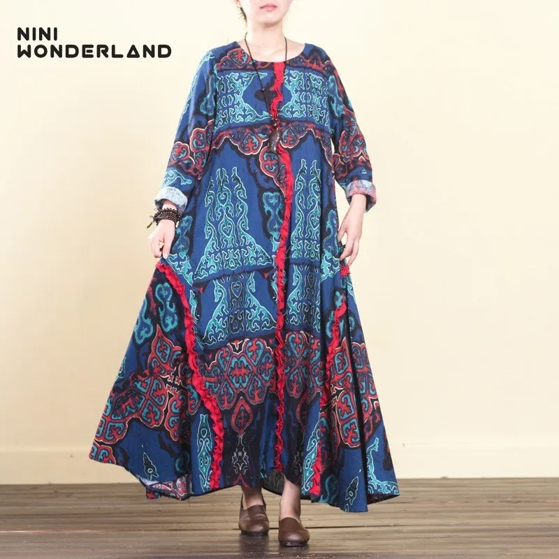 NINI WONDERLAND 2019 весеннее Платье макси с принтом женское хлопковое свободное платье в