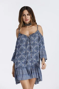

2018 Women Sexy Kaftan Beach Blouse Dress Lady Tunic Off Shoulder Robe Femme Dress Printed Blue Dress Swimsuit Cover Up