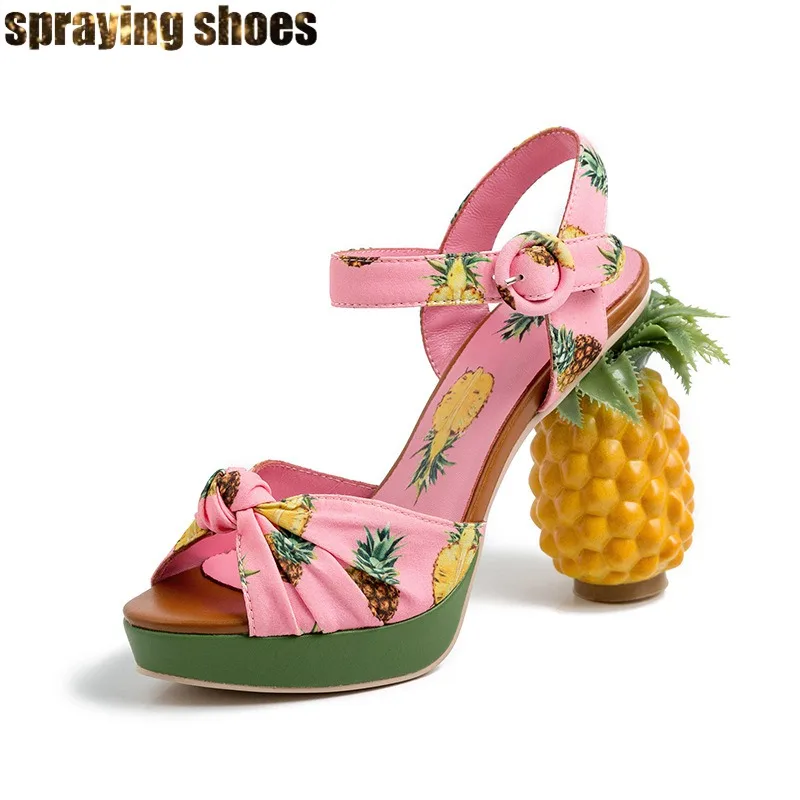 

Fashion Women Pineapple Chunky High Heels Sandals Pink Summer Shoes Platform Pumps Buckle Strap Ladies Party Sandals Shoes Woman