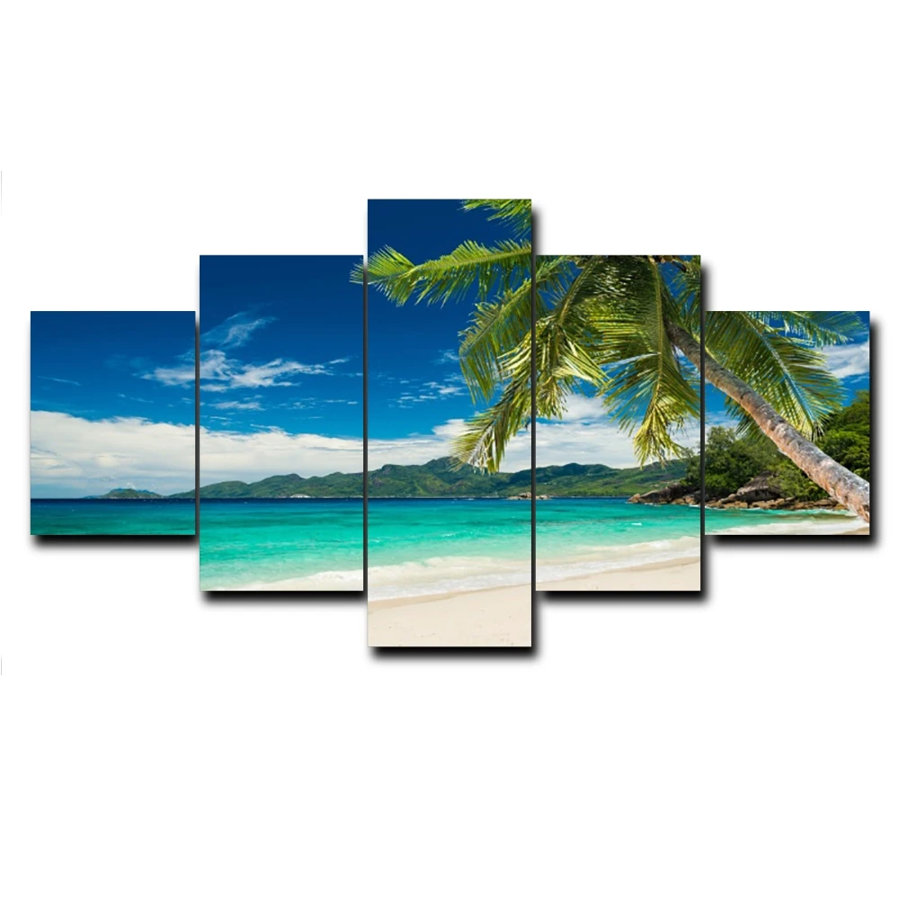 

5 Panel Palm Tree Sea Sky Outside Poster and Print Vintage Wall Artwork Canvas Painting for Living Room Home Decoration No Frame