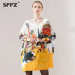 Sffz высокое качество Для женщин длинные свитера 2018 Новая мода Повседневное полушерстяные Вязание Платья Slash шеи негабаритных пуловер 6140