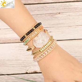 

CSJA Natural White Crystal Quartz Wrap Bracelets Trendy Stone Beads 5 Strands Leather Charm Bracelet Girl Bohemian Pulseras S462