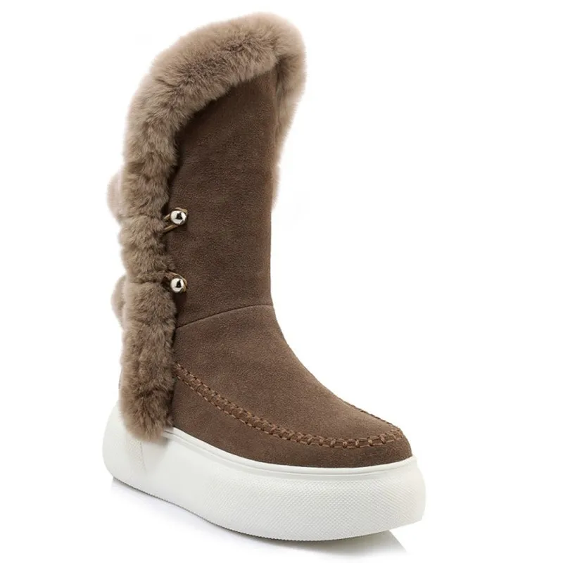 New Brand Plush Snow Boots Women Winter Shoes Warm Mid Calf Boots Female Platform Shoes Suede Leather Winter Boots High Quanlity