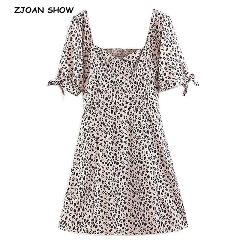 

2019 New Retro Beige Dot Pink Leopard Mini Dress French Women Tide Bow Short Puff Sleeve Deep V neck Slim fit Short Dresses